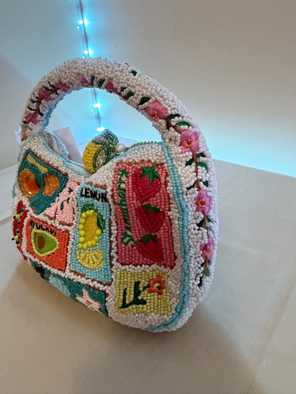 Beaded Fruit Patch Shoulder Bag - White & Aqua - Picture 5 of 5